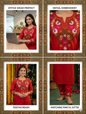 WOMEN COTTON SLAB STARIGHT  HAND EMBROIDERY KURTA WITH PANT  3