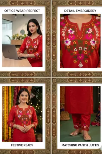 WOMEN COTTON SLAB STARIGHT  HAND EMBROIDERY KURTA WITH PANT 