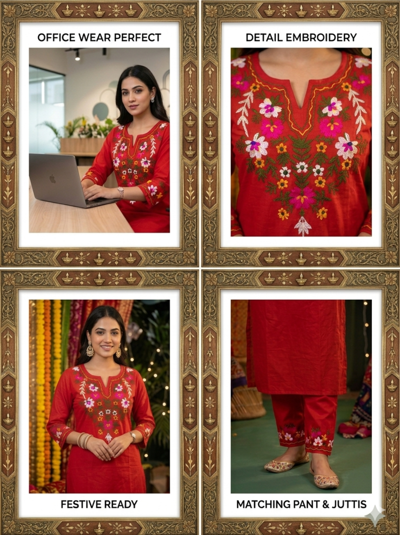 WOMEN COTTON SLAB STARIGHT  HAND EMBROIDERY KURTA WITH PANT 