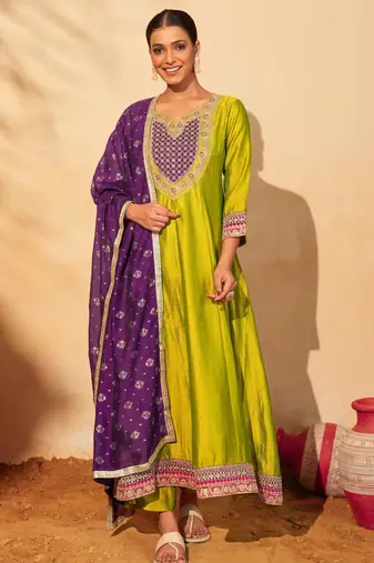 Women's Gorgeous Embroidery Work Vichitra Silk Fabric Flared Anarkali Pant and Dupatta Set