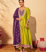 Women's Gorgeous Embroidery Work Vichitra Silk Fabric Flared Anarkali Pant and Dupatta Set