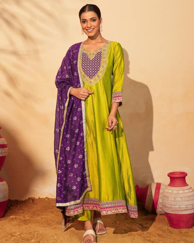 Women's Gorgeous Embroidery Work Vichitra Silk Fabric Flared Anarkali Pant and Dupatta Set