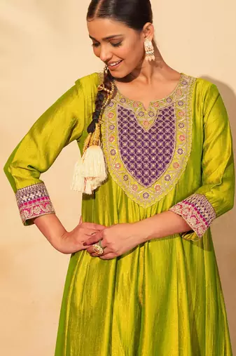 Women's Gorgeous Embroidery Work Vichitra Silk Fabric Flared Anarkali Pant and Dupatta Set