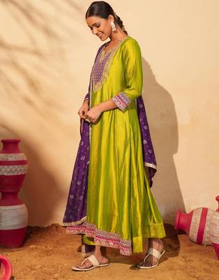 Women's Gorgeous Embroidery Work Vichitra Silk Fabric Flared Anarkali Pant and Dupatta Set 3