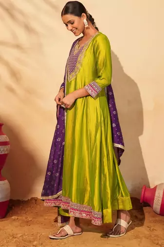 Women's Gorgeous Embroidery Work Vichitra Silk Fabric Flared Anarkali Pant and Dupatta Set