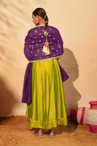 Women's Gorgeous Embroidery Work Vichitra Silk Fabric Flared Anarkali Pant and Dupatta Set
