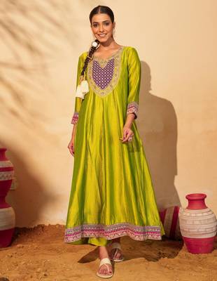 Women's Gorgeous Embroidery Work Vichitra Silk Fabric Flared Anarkali Pant and Dupatta Set 5