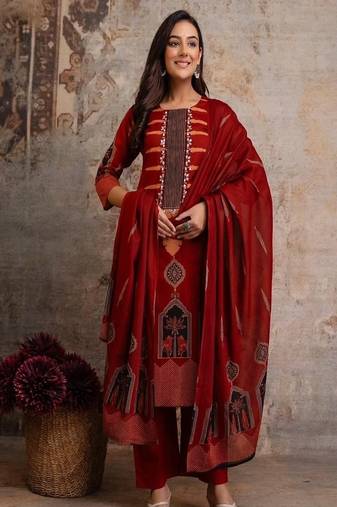 Floral embroidered pure cotton round neck kurta trouser & dupatta set