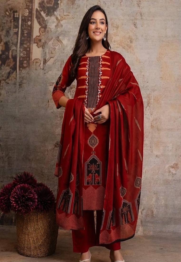 Floral embroidered pure cotton round neck kurta trouser & dupatta set