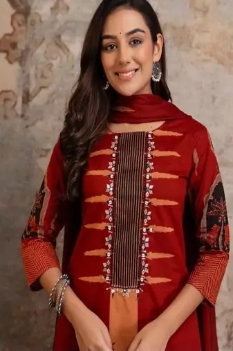 Floral embroidered pure cotton round neck kurta trouser & dupatta set