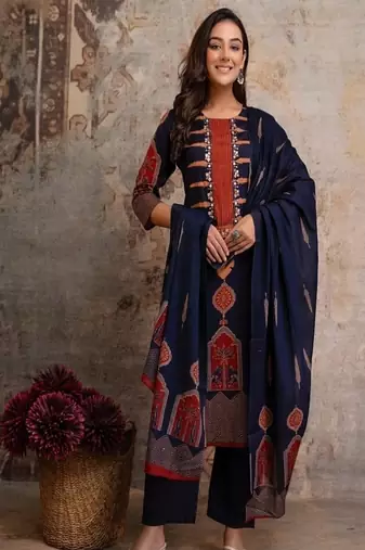 Floral embroidered pure cotton round neck kurta trouser & dupatta set