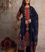 Floral embroidered pure cotton round neck kurta trouser & dupatta set