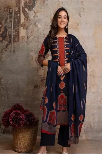 Floral embroidered pure cotton round neck kurta trouser & dupatta set