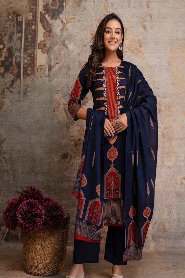Floral embroidered pure cotton round neck kurta trouser & dupatta set