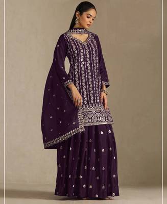 Wine embroideried chinon semi stitched palazzo suit 1
