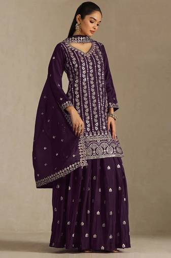 Wine embroideried chinon semi stitched palazzo suit