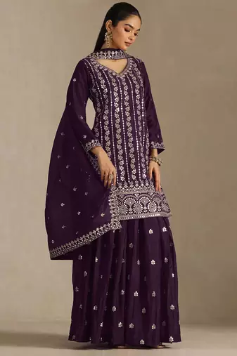 Wine embroideried chinon semi stitched palazzo suit