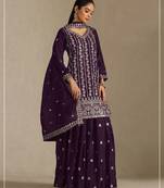 Wine embroideried chinon semi stitched palazzo suit