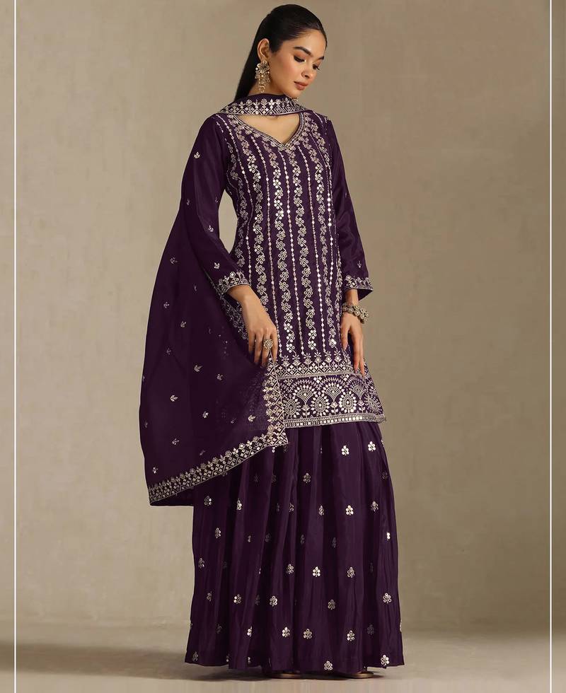 Wine embroideried chinon semi stitched palazzo suit