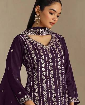 Wine embroideried chinon semi stitched palazzo suit 2