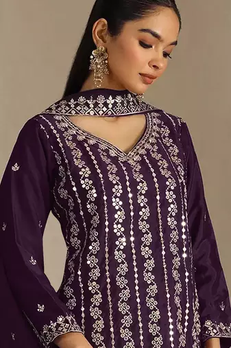 Wine embroideried chinon semi stitched palazzo suit