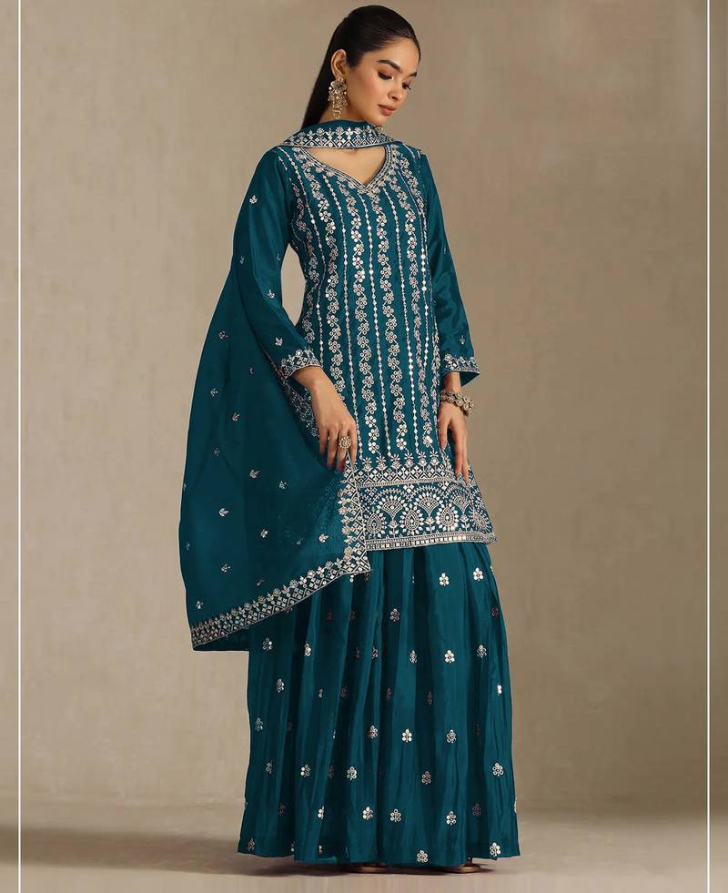 Morpich embroidered chinon palazzo suit