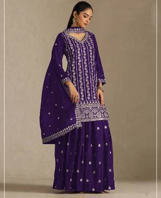 Purple embroidered chinon palazzo suit 1