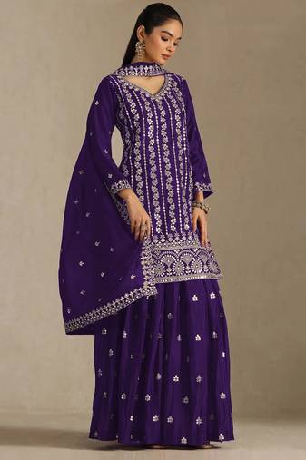 Purple embroidered chinon palazzo suit