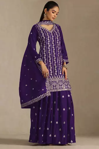 Purple embroidered chinon palazzo suit