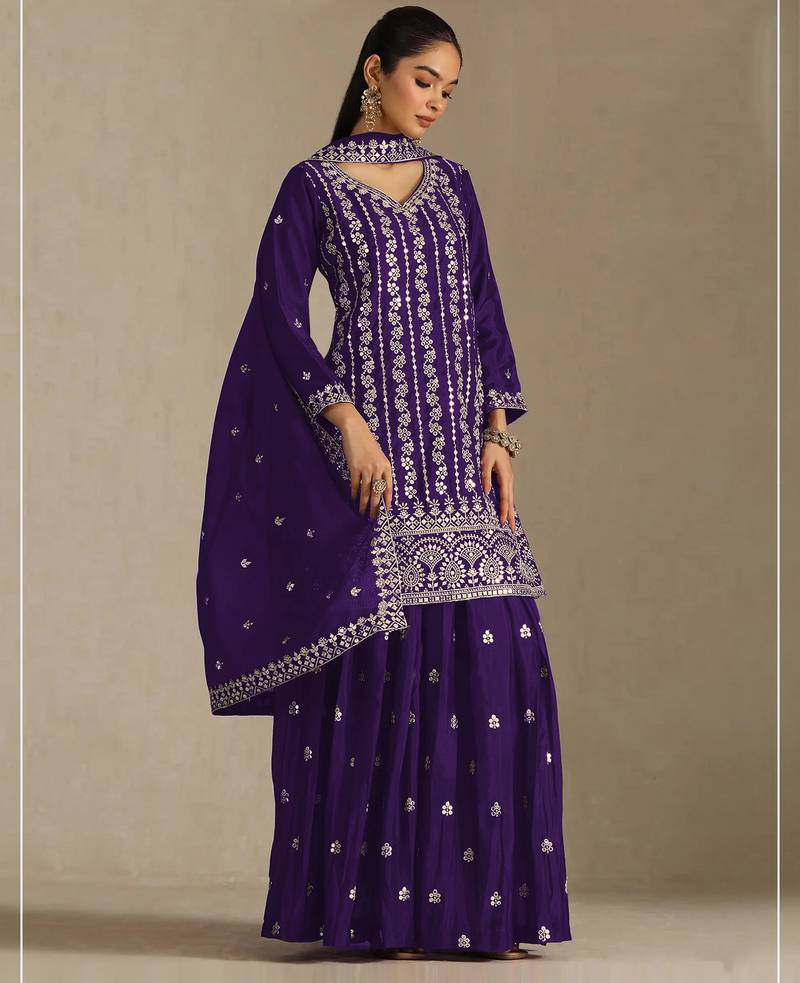 Purple embroidered chinon palazzo suit
