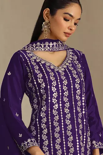 Purple embroidered chinon palazzo suit
