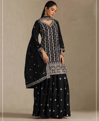 Black embroidered chinon palazzo suit 1
