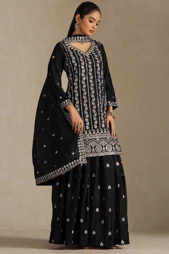 Black embroidered chinon palazzo suit