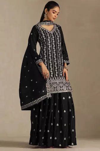 Black embroidered chinon palazzo suit