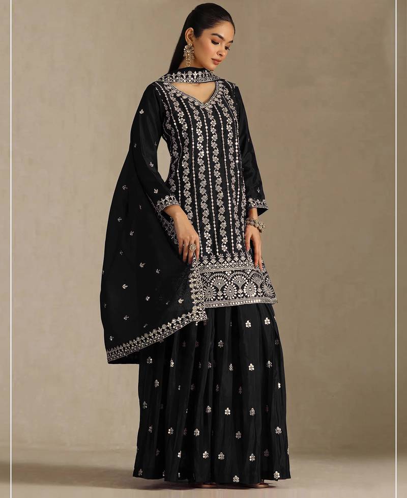 Black embroidered chinon palazzo suit