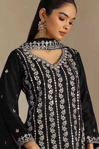 Black embroidered chinon palazzo suit