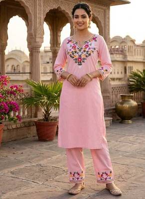 Pink Cotton EMBROIDERY STARIGHT KURTA WITH PANT 1