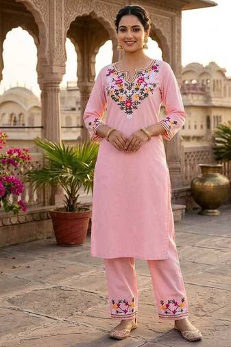 Pink Cotton EMBROIDERY STARIGHT KURTA WITH PANT