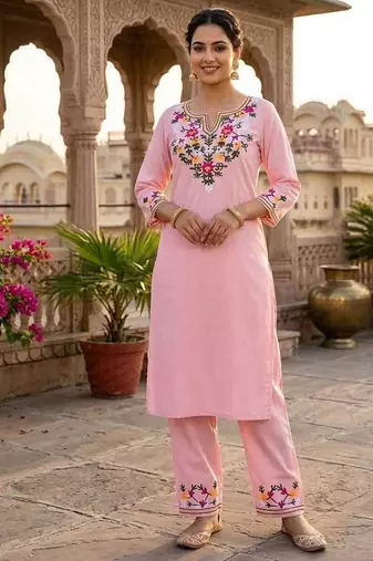 Pink Cotton EMBROIDERY STARIGHT KURTA WITH PANT