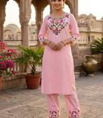 Pink Cotton EMBROIDERY STARIGHT KURTA WITH PANT