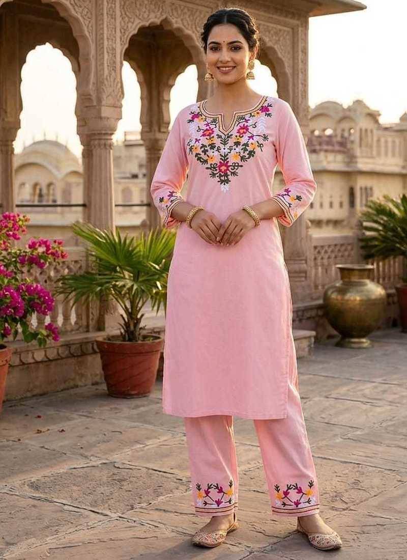 Pink Cotton EMBROIDERY STARIGHT KURTA WITH PANT