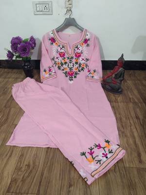 Pink Cotton EMBROIDERY STARIGHT KURTA WITH PANT 2