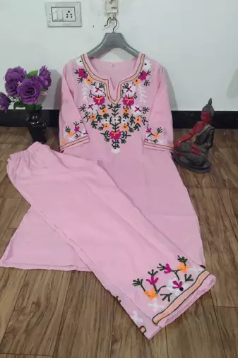Pink Cotton EMBROIDERY STARIGHT KURTA WITH PANT