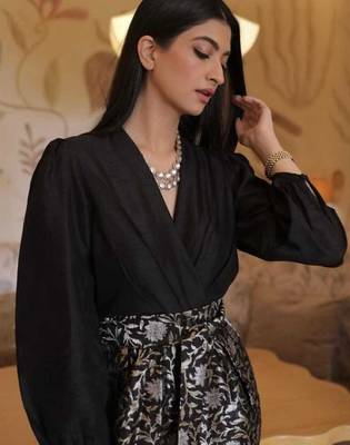 Raw silk shirt with Banarasi brocade pant coord set 5
