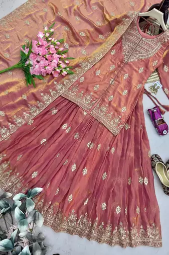 Womens New Traditional Peach Heavy Work Ethnic Ensemble Lehenga Set