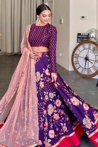 Royal Purple Floral Embroidered Lehenga Choli Set