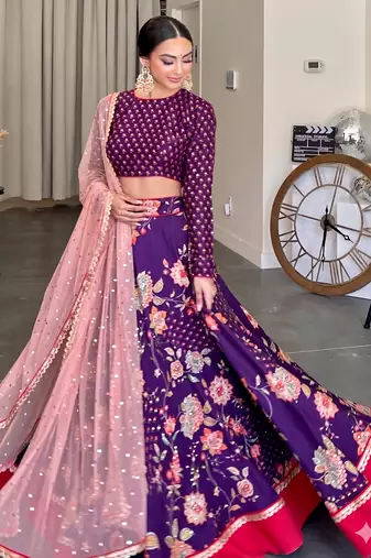Royal Purple Floral Embroidered Lehenga Choli Set