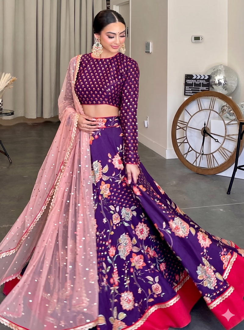 Royal Purple Floral Embroidered Lehenga Choli Set