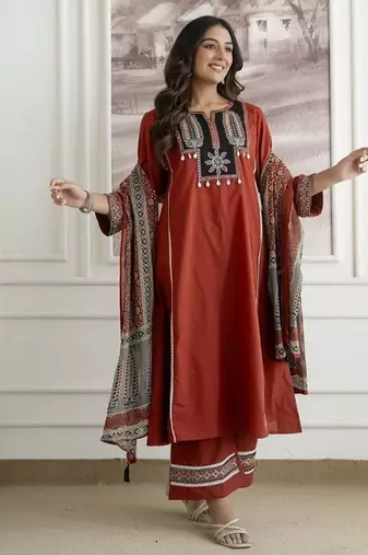 Floral embroidered pure cotton round neck kurta trouser & dupatta set