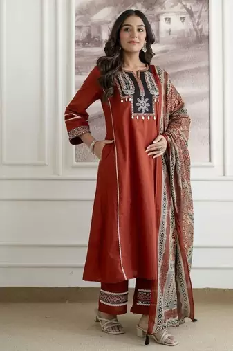 Floral embroidered pure cotton round neck kurta trouser & dupatta set
